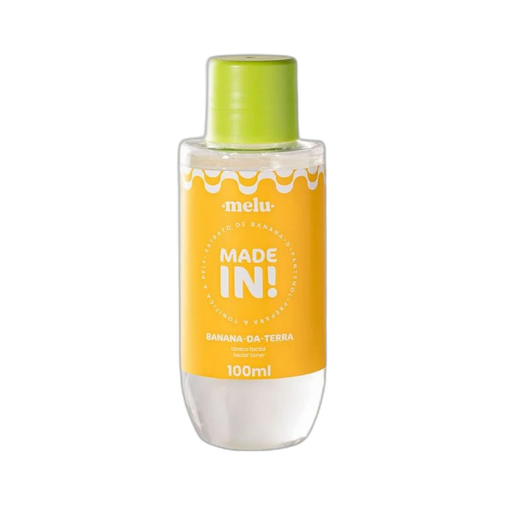 Frasco do Tônico Facial Melu Made In Banana-da-Terra 100ml em destaque sobre fundo branco.
